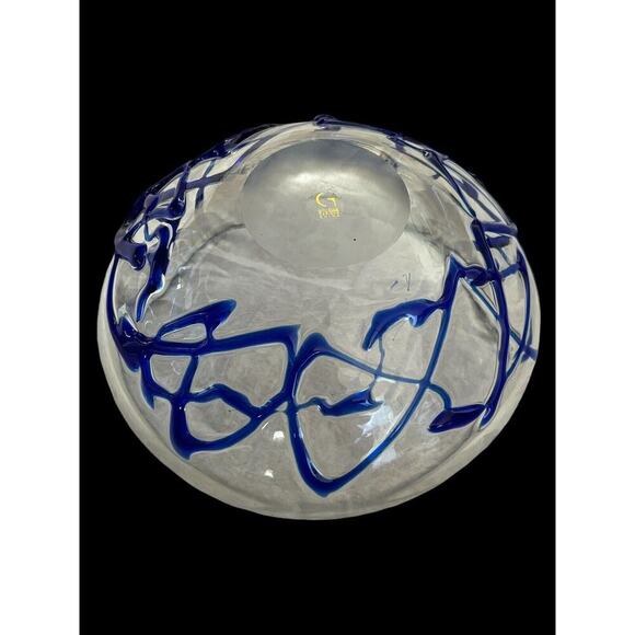 Ribbed Cobalt Blue Hand Blown Round Zig Zag Art Glass Sculpture Bowl 8” X 4” - Picture 3 of 8